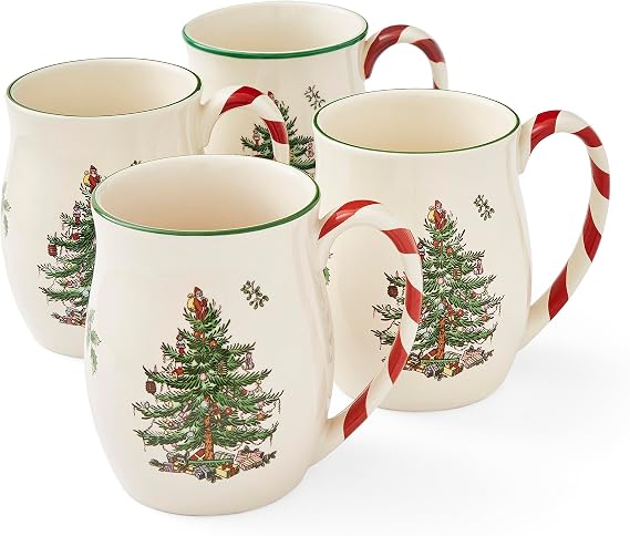 Spode Christmas Tree 14 oz Holiday Mugs (Set of 4) - Festive Coffee Cups with Peppermint Candy Cane Handle, Stoneware Christmas Drinkware Ideal for Hot Cocoa, Holiday Tea & Winter Beverages