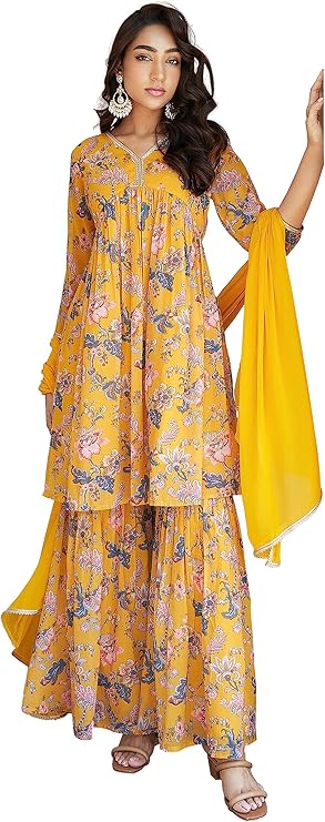Janasya Indian Women's Georgette Yellow Floral Print Festive Wear Kurta Set for Women
