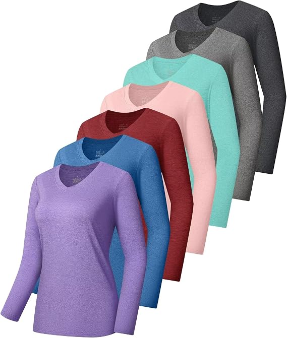 7 Pack Womens Long Sleeve Athletic Shirts Quick Dry Workout Tops V Neck