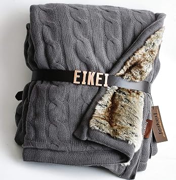 Eikei Luxury Cable Knit Throw with Faux Fur Reverse Knitted Cozy Blanket in Charocal and Chinchilla Brown Reversible Grey
