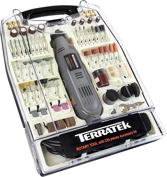 Terratek 135W Rotary Tool Kit, Variable Speed, 234pc Accessory Set | 135W motor with 8,000–33,000rpm, 234 accessories, 1.6–3.2mm collet range and lightweight 0.5kg design for DIY tasks.