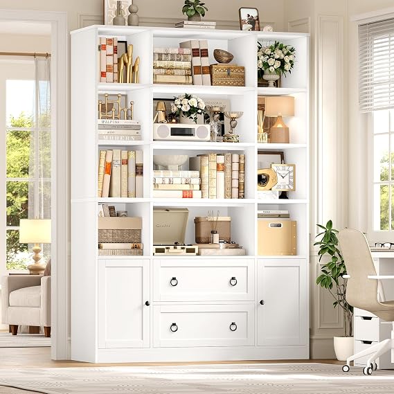 FINETONES 71" H White Bookshelf with Doors, Triple Wide Tall Bookcase