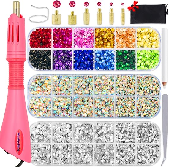 Worthofbest Hotfix Rhinestone Setter, Hot Fix Applicator Tool Bedazzler Kit with rhinestones, Kit, Hot Fixed Wand for Clothes Clothing Fabric Crafts, 5000 Pcs, AB Crystal, Clear, 3 Gems Sizes, Tips
