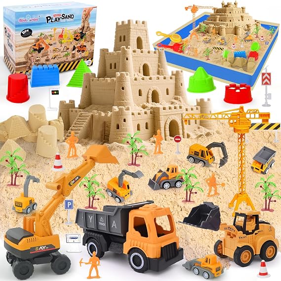 Sensory Beach Toys for Toddlers - 44PCS Sand Construction Kit with 8 Trucks, Foldable Sandbox, 2.7lbs Magic Sand, Crane, Signs, Molds, Shovel Outoor Toys for Boys & Girls Ages 3+