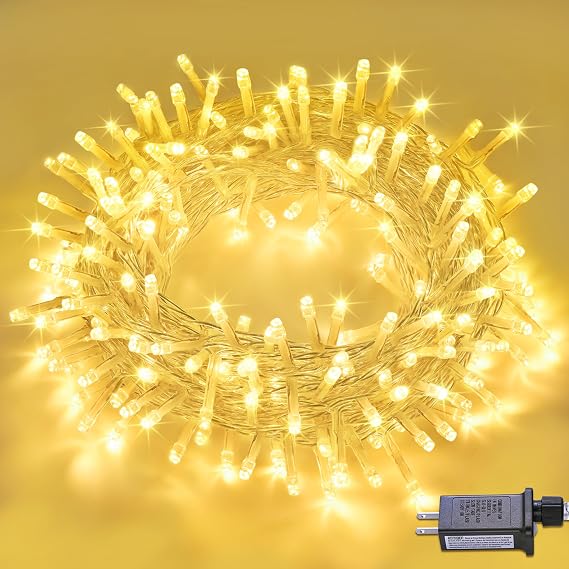 Warm White Christmas Lights Indoor - 200 LED Warm Twinkle Lights Plug in, 66ft Extendable Christmas String Lights Outdoor for Bedroom Porch Thanksgiving Room Patio Yard Decor
