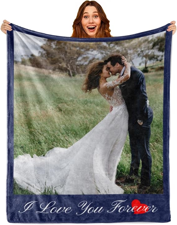 Custom Blanket with Photo, Personalized Throw Blankets for Couples Gifts, Customized Picture Text Blanket for Boyfriend Girlfriend Husband Wife, Soft Cozy Gifts for Mom Dad Blankets Memorial-1 Photo