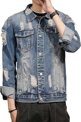 Fashion Mens Ripped Denim Trucker Jacket Distressed Rugged Jean Jackets for Man Blue 4XL US L