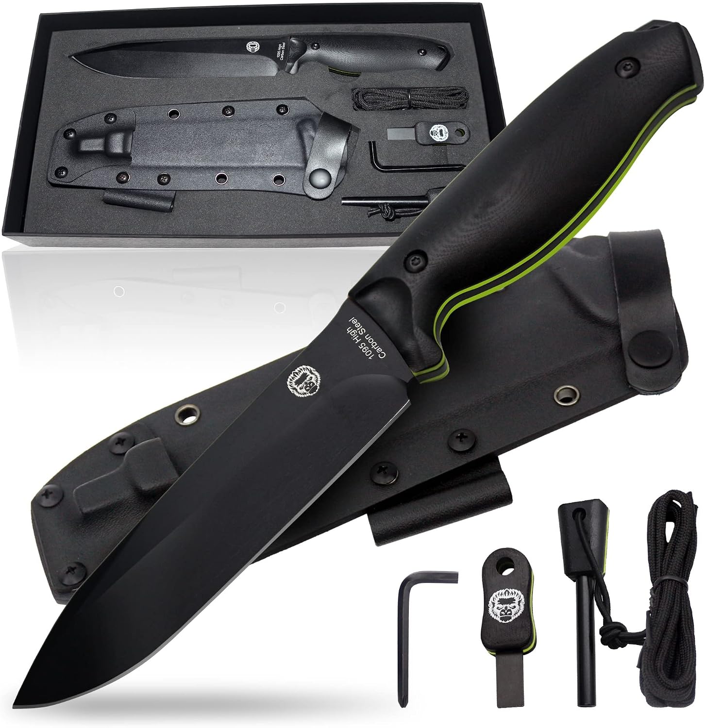 Bushcraft Survival Knife | Full Tang Fixed Blade Outdoor Camping Knife G10 Handle Gift For Him | 1095 High Carbon Steel Knife Fire Starter Scraper & Paracord BlackGreen