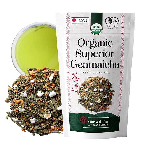 One With Tea Organic Japanese Genmaicha Green Tea Loose Leaf Premium Whole Leaf Sencha with Roasted Brown Rice, USDA Organic, Nutty & Smooth Flavor, Traditional Japanese Tea