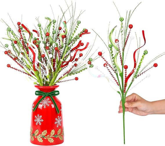 Gejoy 9 Pcs Christmas Tree Picks Sprays 16'' Large Lime Green and Red Glitter Whimsical Picks Artificial Candy Ornaments for Xmas Tree Topper Vase Fillers Christmas Holiday Craft Decor(Tenuous)