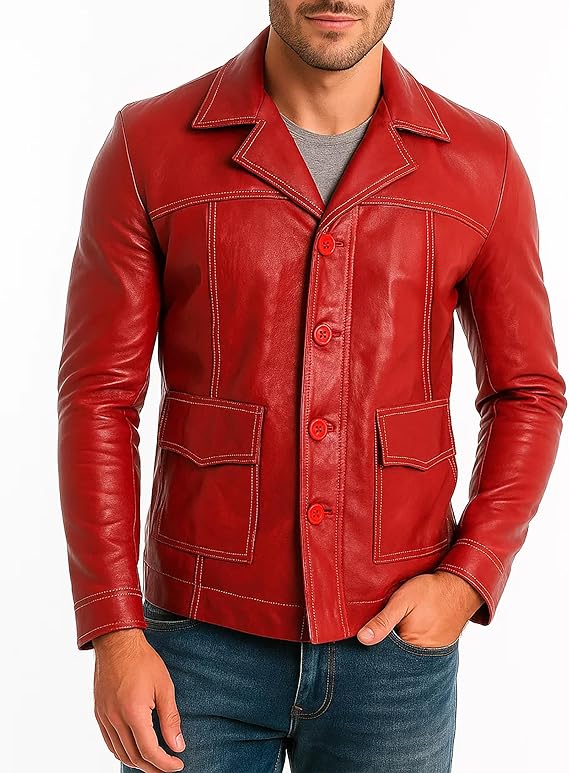 Men's Red Retro Real Leather Motorcycle Coat - Classic Vintage Style Red Faux Leather Biker Jacket