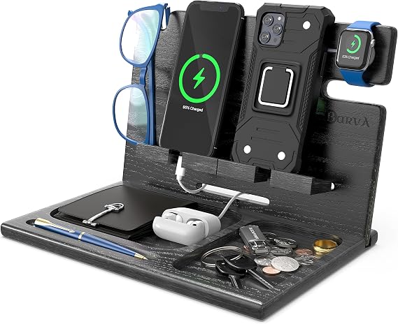 BarvA Two Phone Docking Station | Night Stand Desk Organizer | Wood Nightstand Organizer | Tablet Smart Watch Earbuds Charging Station | Upgraded Dresser Phone Stand | Bed Room Decor Gifts for Men