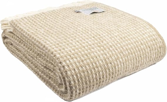 Tweedmill Textiles EXTRA LARGE 100% Pure New Wool Waffle King Blanket Throw (Oatmeal Beige & Cream)