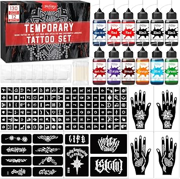 12 Bottles Temporary Tattoo Ink Kit with 130 Tattoo Stencils Designs, 9 Colors (3 Black,2 Red,1 Dark Red,Brown,Blue,Navy Blue,Purple,Green,Orange),Body Art DIY Gifts Set Fun for Kids Adults