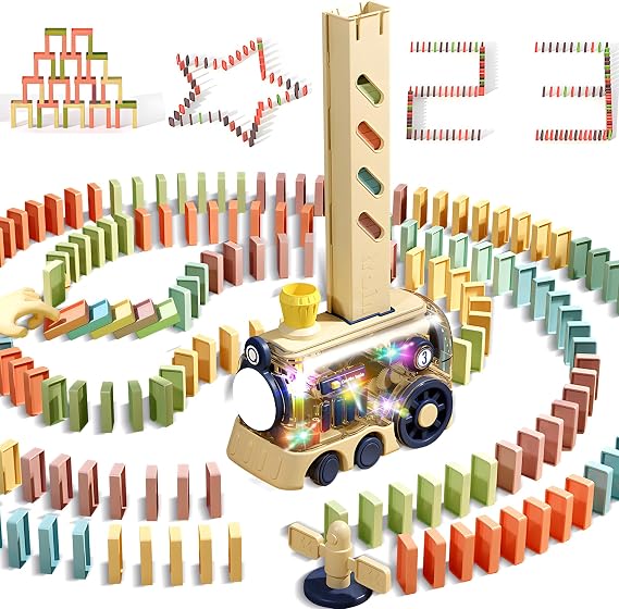 Domino Train Toy, 80 PCS Automatic Domino Building Set for Kids 4-8 | Music, Lights, STEM Montessori Educational Toy, Automatic Domino Stacking, Home & Classroom Play, Kids Party Gift
