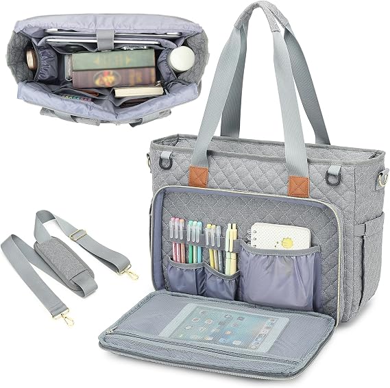 Teacher Tote Bag for Women, 15.6 inch Laptop Work Bag with Cup Holder