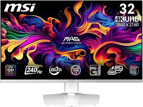 MSI 31.5" MPG 321URXW QD-OLED, Gaming Monitör, UHD, 16:9, Flat, QD-OLED, 240Hz, 0.03ms, G-SYNC Compatible, Beyaz