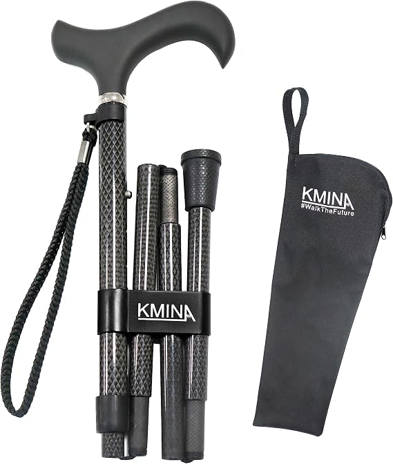 KMINA Folding Cane for Men and Women (Carbon Fiber), Soft Grip, Adjustable Height, Lightweight, Black, PRO Model