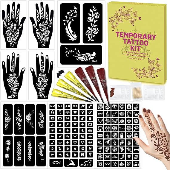 126 PCS Temporary Tattoos Stencils Kit, 6 Pcs 2 Color(Brown Black) | Temporary Tattoos Kit with Gloves, DIY Body Art Skin Painting Designs for Women Men Adults Kids