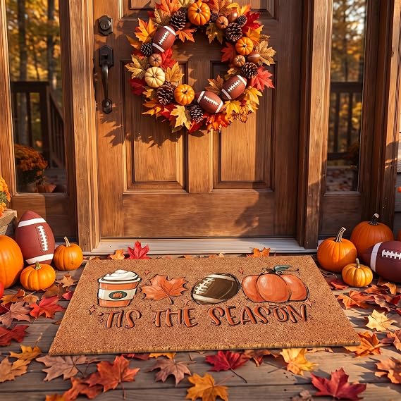 Ceenna Fall Football Pumpkin Doormat Outdoor, Coir, Non Slip