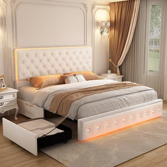 SIBEDS LED Platform Bed Frame Full Size with 2 Drawers, Velvet Cream