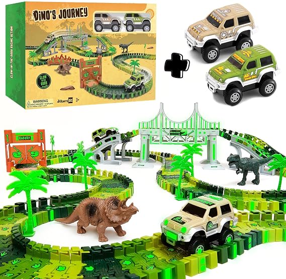 JITTERYGIT Dinosaur Track and 2 Extra Race Jeeps Christmas Bundle Gift, Glow in the Dark STEM Car Racing Birthday Set, Carros De Pista, Amazing Racetrack Present For Kids, Ages 3 4 5 6 7 8 9 Years Old