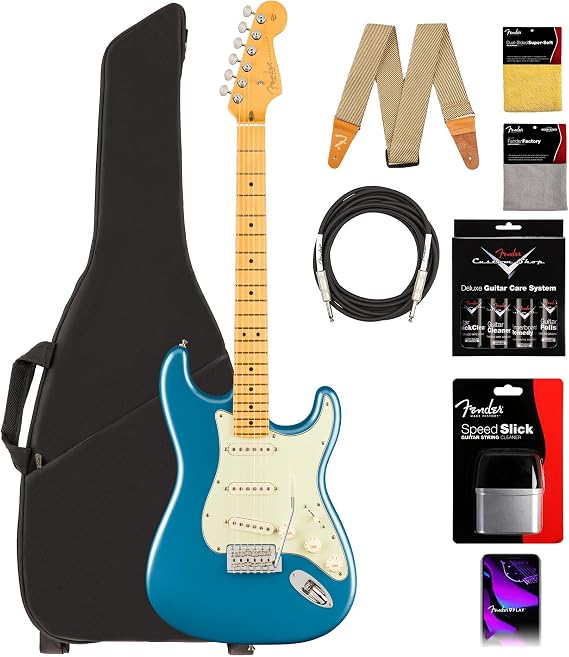 Fender American Professional Classic Stratocaster - Faded Lake Placid Blue Bundle with Gig Bag, Strap, Cable, and Guitar Cleaning Kit
