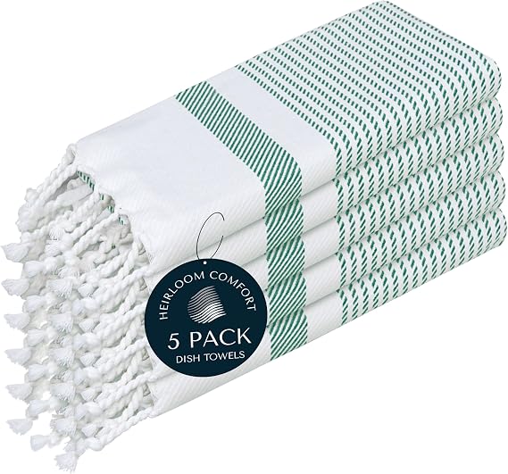 Turquiose Green Turkish Kitchen Towels 40x66 cm, 5 Pack, 100% Cotton, Ultra Absorbent, Soft, Fast Dry, Machine Washable, Dish Towel with Tassels for Drying Dishes, Cleaning, Wiping