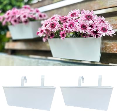 LaLaGreen Outdoor Planter 2 Pack, 16 Inch Large White Metal Flower Pots Countryside Modern Rectangle Strawberry Window Box Succulent Planters with Drainage Hole Hanging Balcony Deck Rail Fence Porch
