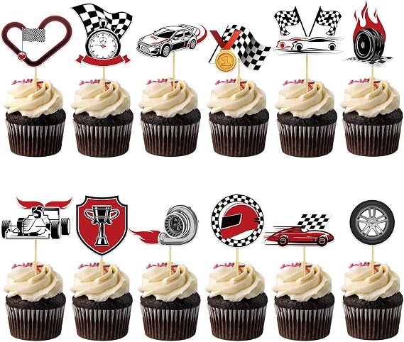 48 Pieces Race Car Cupcake Toppers Checkered Race Car Cupcake Picks for Racing Theme Party Baby Shower Birthday Party Decoration Supplies