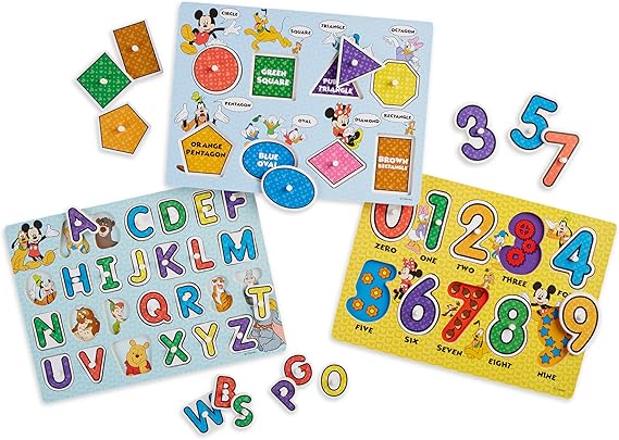 Melissa & Doug Disney Wooden Peg Puzzles Set: Letters, Numbers, and Shapes and Colors