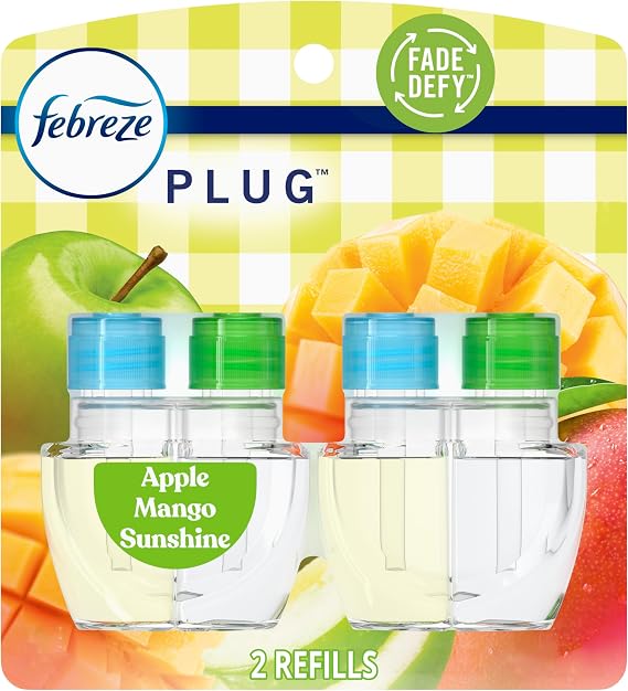 Febreze Plug In Air Freshener, Odor-Fighting Scented Oil Refill, Apple Mango Sunshine Scent, 2 Refill
