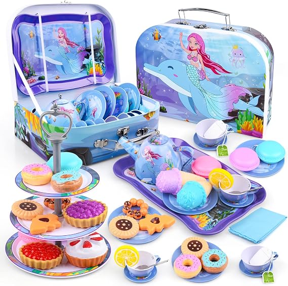 36 PCS Tea Set for Toddlers, Mermaid Toys Party Children Girls, Kids Real Littles Time with 13 Dessert Toy, Filter Bags and Lemon Slices, Pretend Play Gift Kid Age 3+ (WS0080)