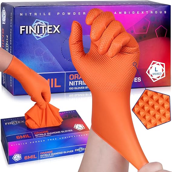 FINITEX Disposable Nitrile Orange 6.3mil Mechanic Heavy Duty Gloves