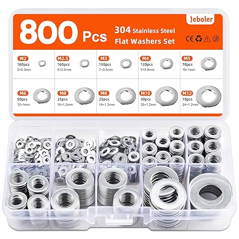 Washers for Screws Metal, 800Pcs Stainless Steel Small Washers | 9 Sizes Washer for Bolts Set M2 M2,5 M3 M4 M5 M6 M8 M10 M12, Assorted Washer for Home DIY Repair Auto Construction