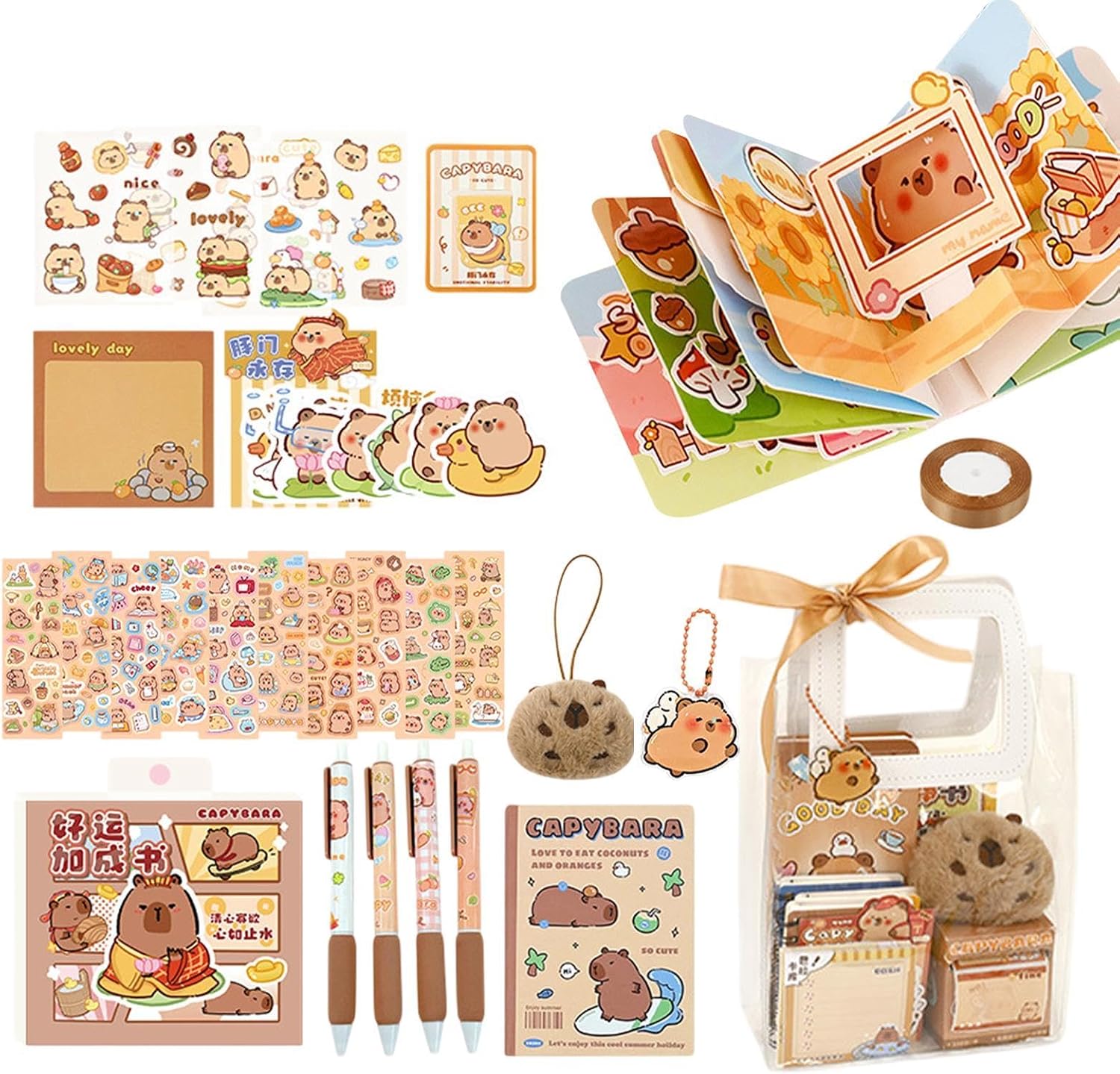 Cute Capybara Stationery Set, Capybara School Supplies Include Stickers, Pens, Memo Pad, Notebook, Plush Keychains and Ribbons, Capybara Party Favors for School Rewards