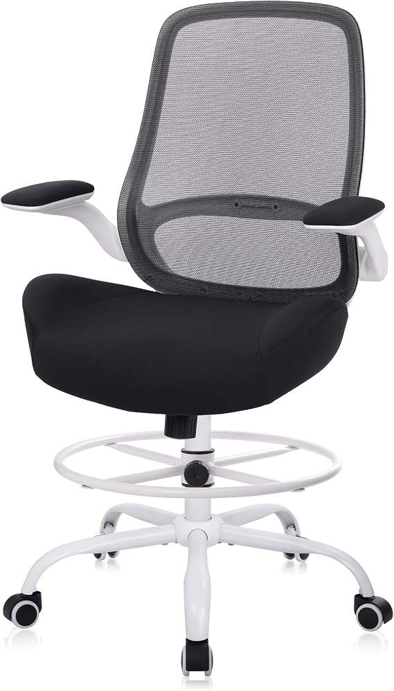 HYLONE Drafting Chair Tall Office Chair with Flip-Up Armrests Ergonomic Computer Chair with Lumbar Support Adjustable Footrest Ring Mesh Standing Desk Chair (White&Black)