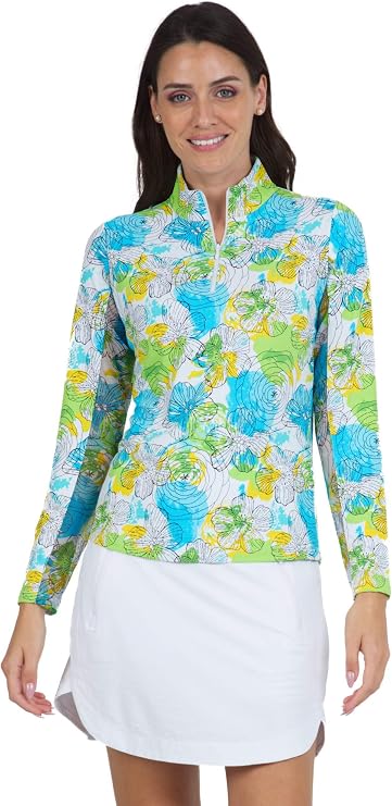 IBKUL Womens Sun Protective UPF50+ Icefil Cooling Paddy Print Long Sleeve Mock Neck Top 10757