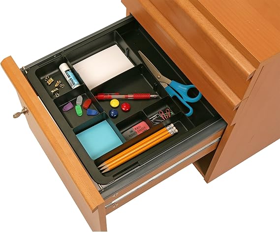 Officemate Expandable Drawer Organizer Tray, Adjustable 10.3"16" Width, Customizable Compartments with Dividers, Recycled Plastic, Black