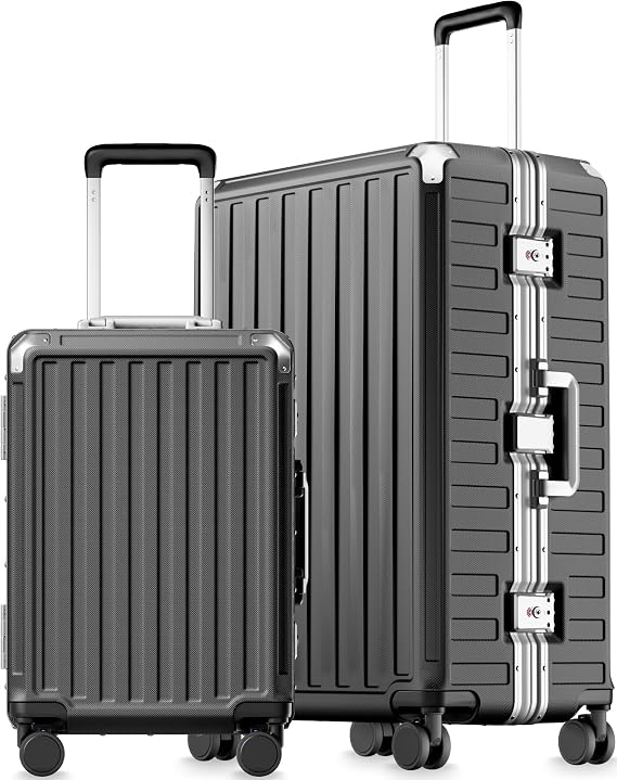 LUGGEX Aluminum Frame Luggage 100% Polycarbonate Hard Shell Suitcase with Corner Zipperless Luggage Set with Spinner Wheels, Gun, 2-Piece Set 20/26, Aluminum Frame Suitcase Hardside Luggage, gun