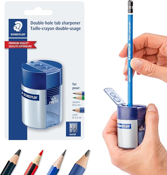 STAEDTLER Double-Hole Tub Pencil Sharpener: Dual Size Manual Sharpener for Standard Graphite & Colored Pencils - Compact Design - Ideal for Classroom, Home, Office, Art Studio