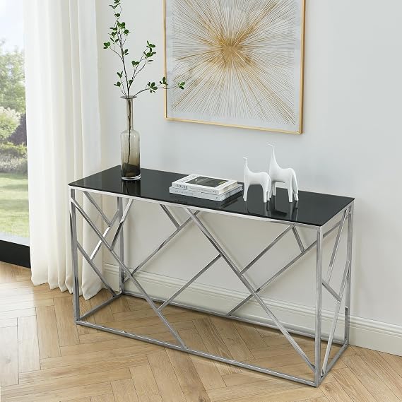 Henf Modern Glass Console Table, 55" Silver Sofa Table with Black Tempered Glass Top and Stainless Steel Frame for Living Room, Entryway, Bedroom (Silver & Black)