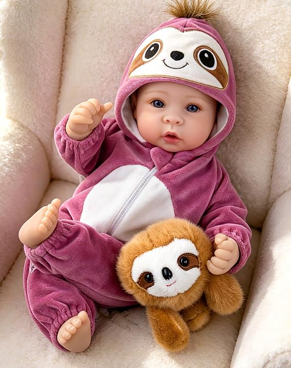 Aori Real Baby Doll, 17 Inch Lifelike Baby Girl in Plum Sloth Outfit