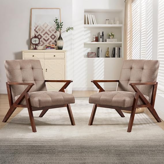 EBELLO Mid Century Accent Chair, Triangular Stable Frame Lounge Chair with High-Resilience Thick Cushion, PU Leather Upholstered Armchair with Tufted Back for Living Room, Bedroom,Khaki,Set of 2