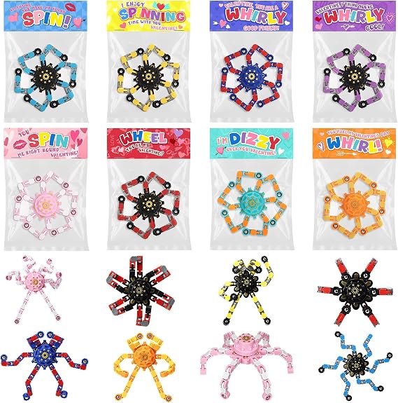 24 PCS Valentine's Day Fidget Spinners with Cards Set Transformable Spinner Toys with Spin Cards Bulk Valentine Classroom Party Favors, Stress Relief Sensory Gifts for Party (Mechanic)