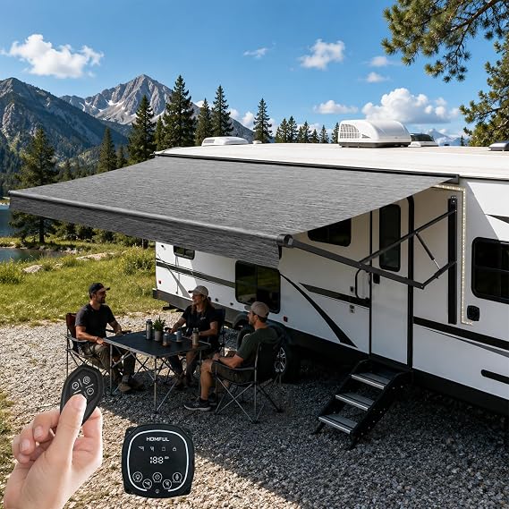 Electric Retractable RV Awning - RV Awning Complete Kit with Motor & Remote Control, 14' Retractable Awning with Aluminum Alloy Frame for Camper, 5th Wheel, Travel Trailers, Toy Haulers,Motorhome