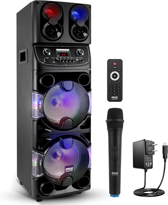 Pyle Portable Bluetooth PA Speaker - 600W Dual 10 Rechargeable Indoor/Outdoor BT Karaoke Audio System -LED Display, FM/AUX/MP3/USB/SD, 1/4" in, Handle, Wheels -Wireless Mic, Remote Control