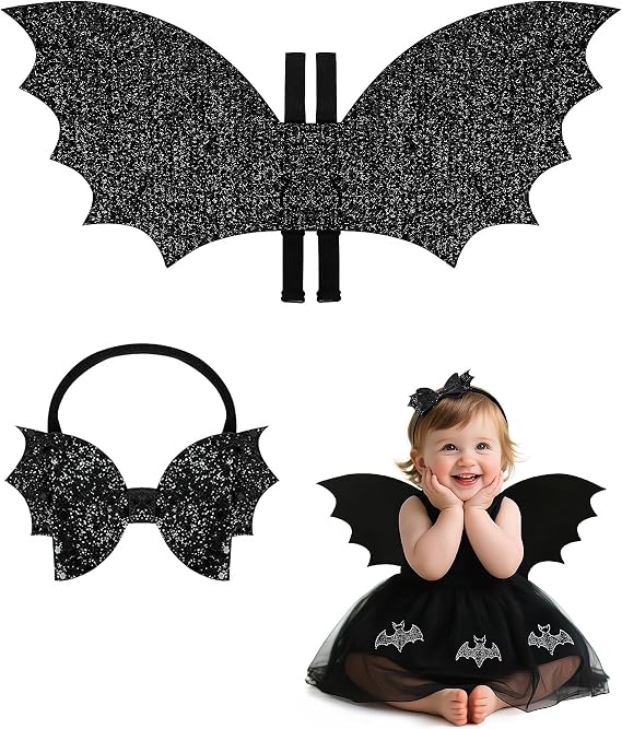 Kids Glitter Bat Wings and Bow Headband Set, Halloween Costume Accessories