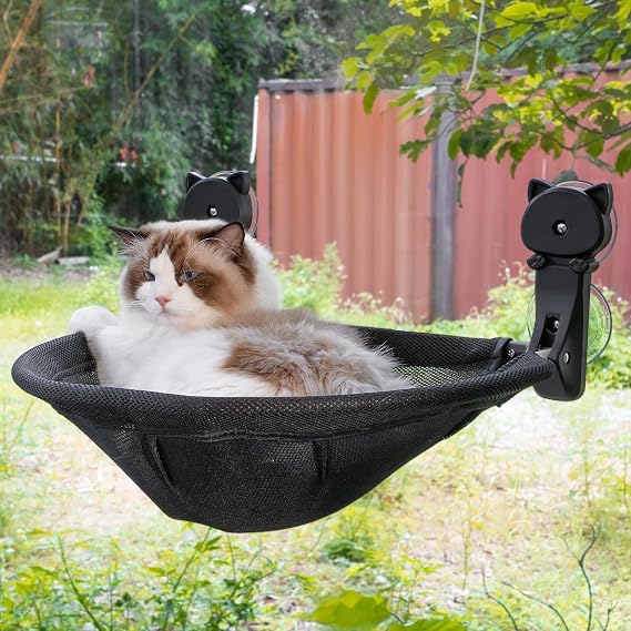 JUNSPOW Cat Window Perch Cordless, Breathable Kitten Beds | No tools needed. Strong suction cups hold up to 40lbs. Foldable design saves space. Perfect for bird watching.