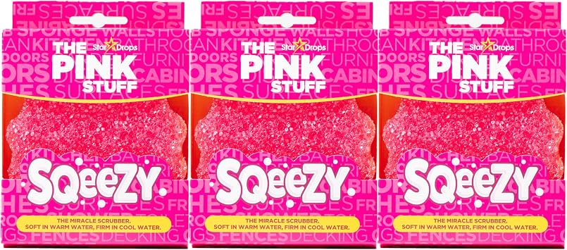 Stardrops The Pink Stuff SQeeZY Miracle Scrubber Sponge, Scratch Free Solution for Ultimate Home Cleaning - Perfect for Kitchens, Bathrooms, and Outdoor Use, 3-Pack